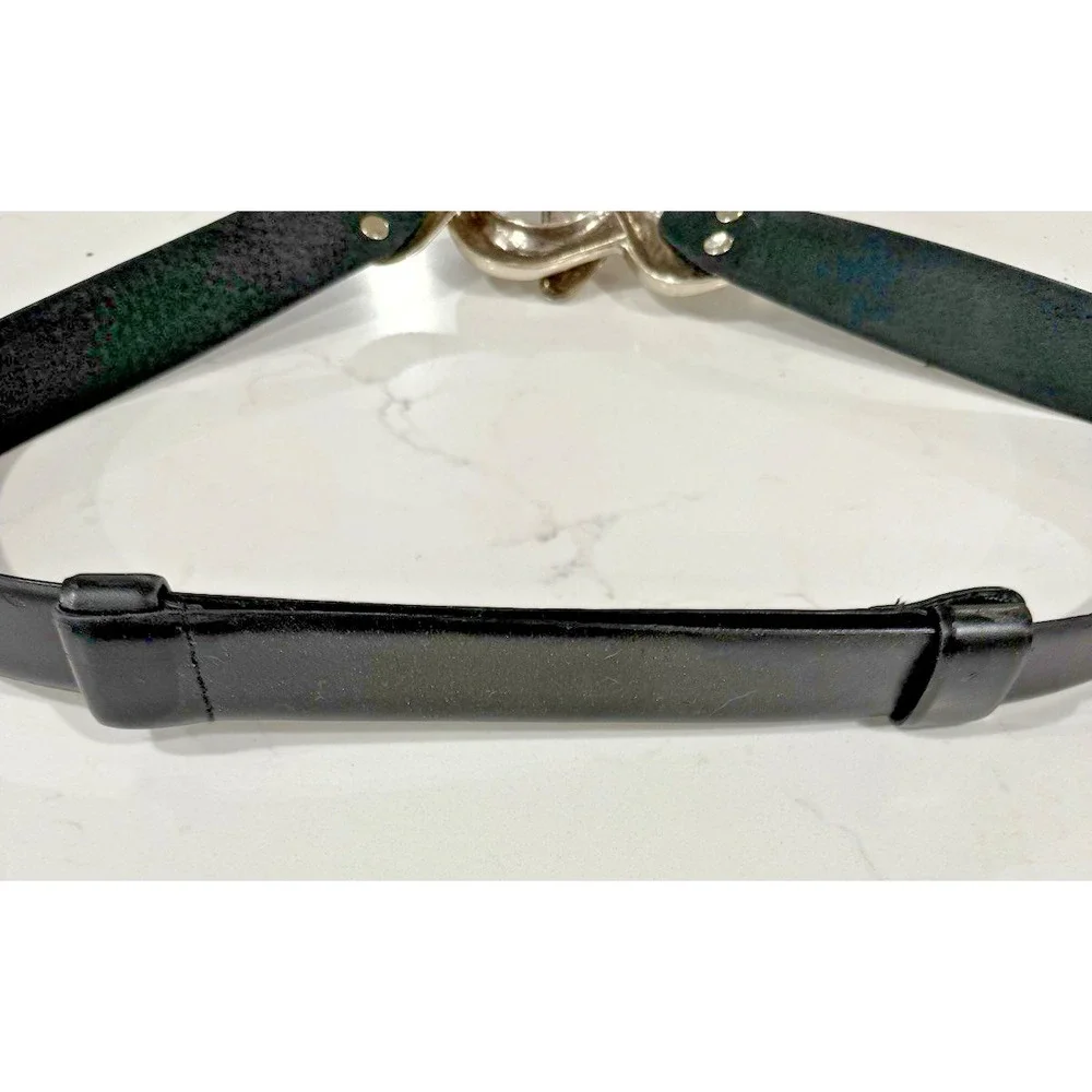 Chicos Vintage Metal Clasp Black Leather Adjustable Slide Belt Snake